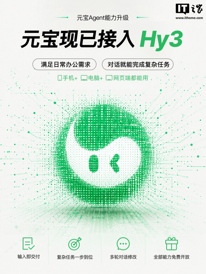 腾讯元宝接入混元 Hy3 模型,支持免费做文件