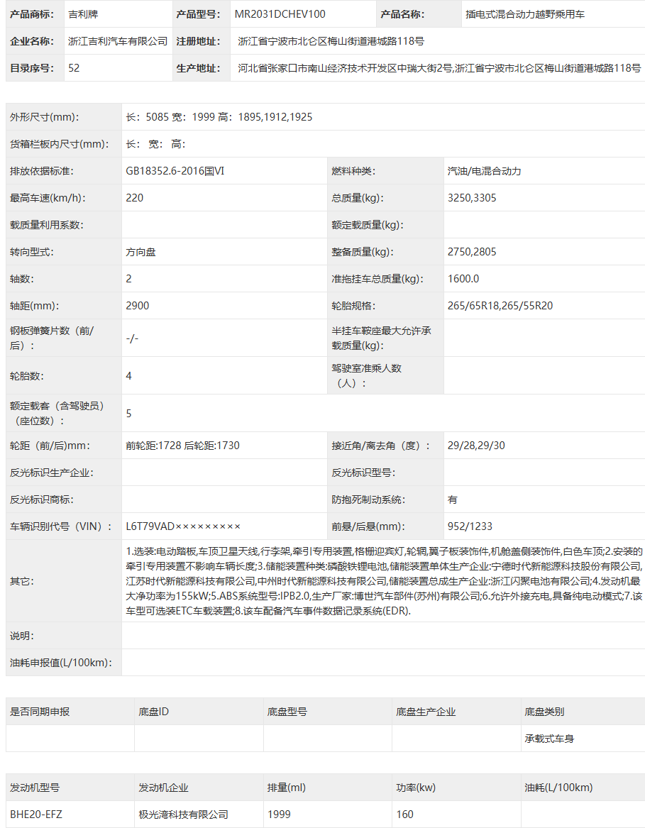 吉利银河战舰700 2.0T版本参数详情